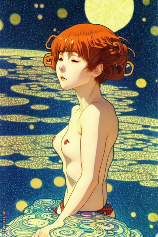 Image similar to a lonely girl floating in a spacestation, akihito yoshida, gustav klimt, yuya nagai, Ilya Kuvshinov, murata range, jean giraud, makoto shinkai, kawaii, alphonse mucha, matte colors, high saturation, detailed, 1990s