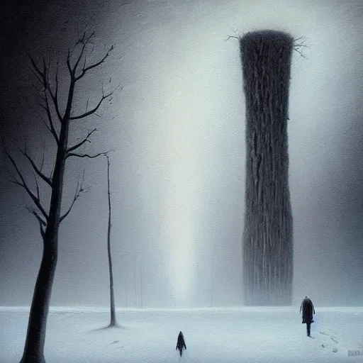 Prompt: a painting of a person standing in the snow, a surrealist painting by zdzisław beksinski and by alena aenami, deviantart, nuclear art, dystopian art, apocalypse landscape, surrealist