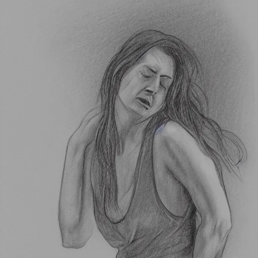 Image similar to black and white pencil sketch of a woman bending and crying into her arms in a bathroom