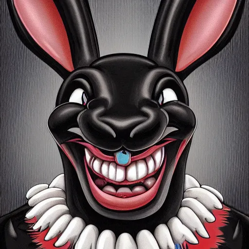 Image similar to A extremely highly detailed majestic hi-res beautiful, highly detailed head and shoulders portrait of a scary terrifying, horrifying, creepy black cartoon rabbit evil laughing standing up wearing pants and a shirt in the style of Walt Disney