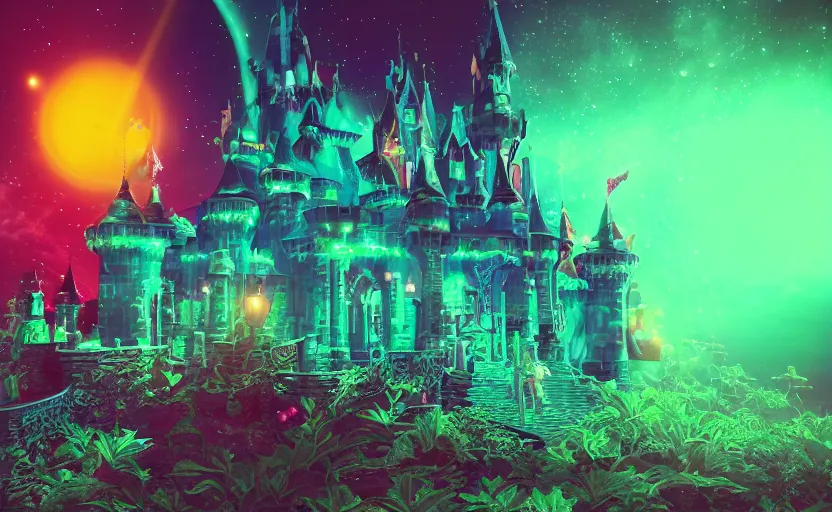 Prompt: enchanted castle, pro - vida, cosmic integration, cosmic color scheme, macro up view, neon, glow, darkness, dramatic, sharp focus, octane render, imax