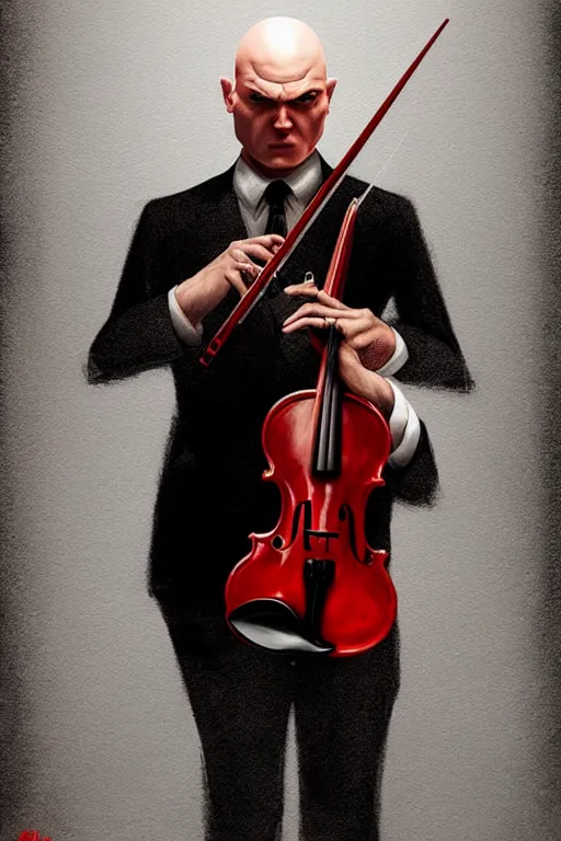 Image similar to an expressive portrait of agent 4 7 playing the violin in a monastery, dark background, red rim light, digital art, artstation, concept art by giger stalenhag