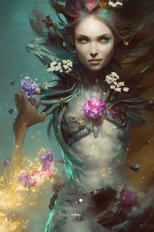 Image similar to beautiful girl necromancer covered with crystals exploding space, 3 d render, hyper realistic detailed portrait, holding magic flowers, ruan jia, wlop. scifi, fantasy, hyper detailed, octane render, concept art, peter mohrbacher