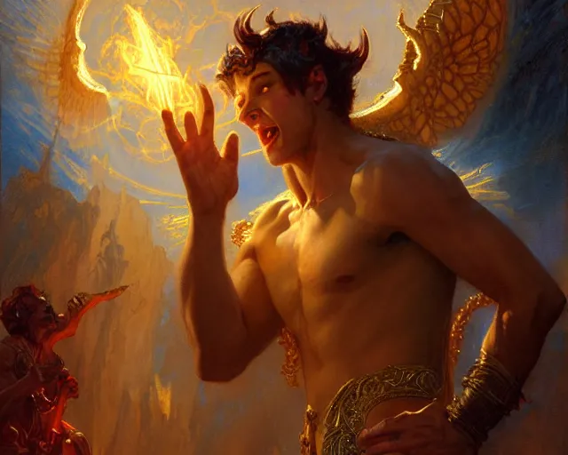 Image similar to attractive male deity, casting demonic magic, summoning handsome lucifer morning star. highly detailed painting by gaston bussiere, craig mullins, j. c. leyendecker 8 k