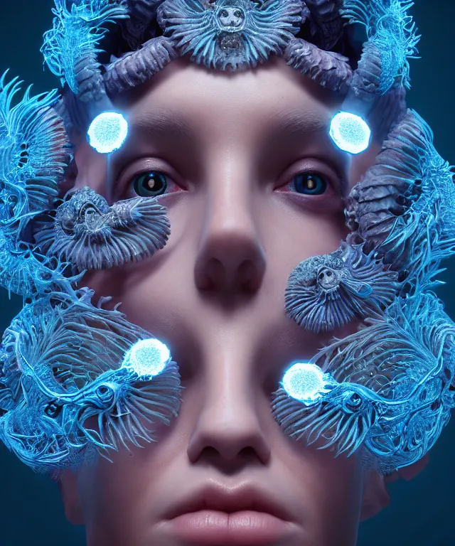 Image similar to symmetrical, centered, goddess close-up portrait wigh crown made of skulls. betta fish, phoenix, bioluminiscent creature, intricate artwork by Tooth Wu and wlop and beeple. octane render, trending on artstation, greg rutkowski very coherent symmetrical artwork. cinematic, hyper realism, high detail, octane render, 8k