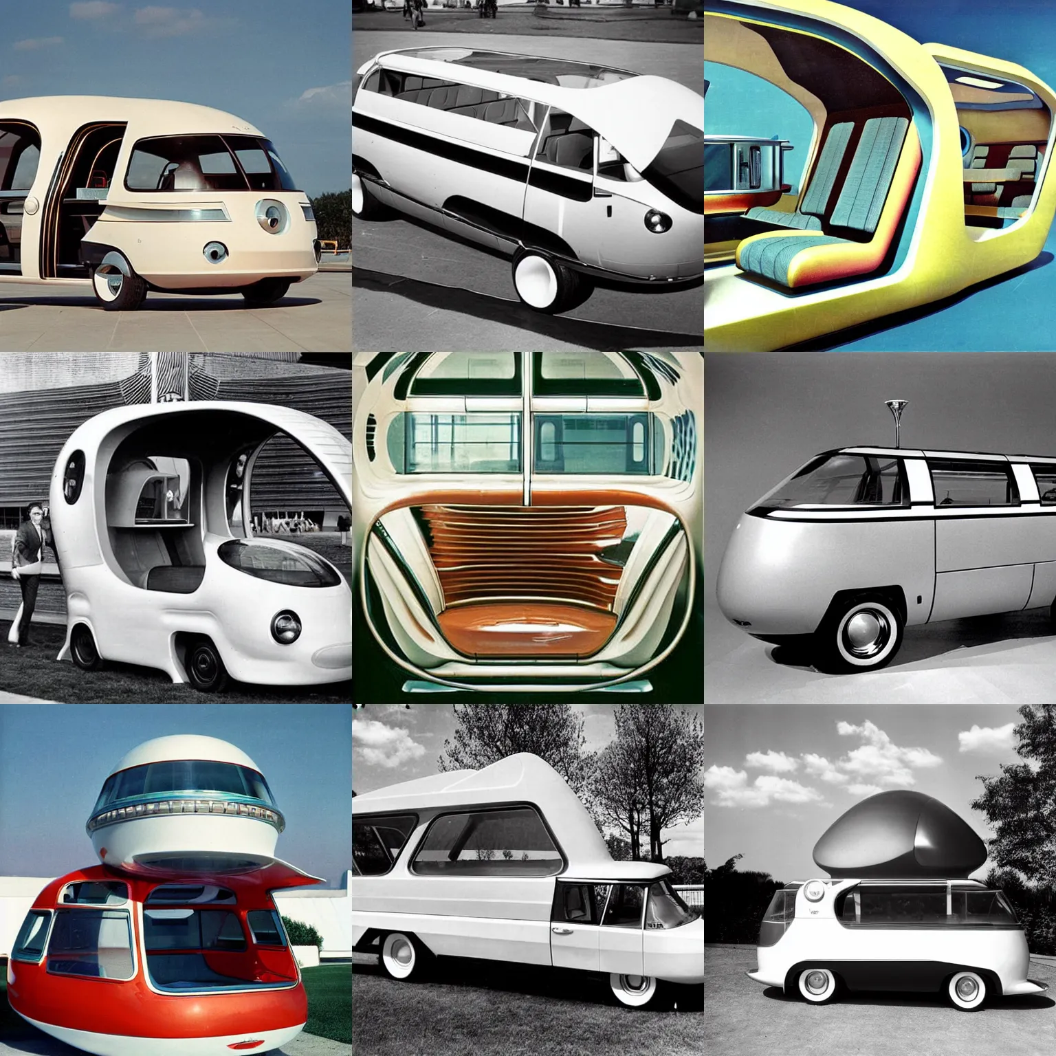 Prompt: retrofuturistic van of the future inspired by spaceship design 1960s american world's fair, press photograph