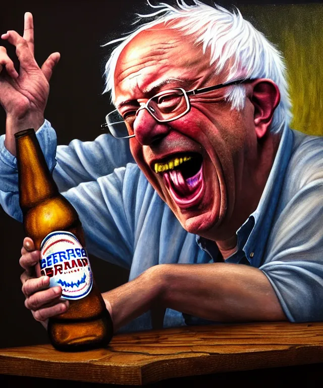 Image similar to hyperrealistic mixed media painting of Bernie Sanders as a laughing drunk, tattered plaid shirt, dimly lit dive bar, scattered empty beer bottles, stunning 3d render inspired art by P. Craig Russell and Barry Windsor-Smith + perfect facial symmetry + dim volumetric lighting, 8k octane beautifully detailed render, post-processing, extremely hyperdetailed, intricate, epic composition, grim yet sparkling atmosphere, cinematic lighting + masterpiece, trending on artstation, very very detailed, masterpiece, stunning