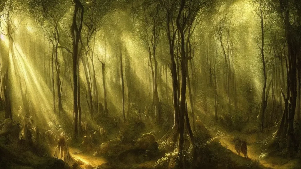 Image similar to A Leonardo da Vinci oil painting of a hauntingly beautiful elven forest in the morning; rays of light coming through the canopy; trending on artstation; extraordinary masterpiece!!!!!!; 8k
