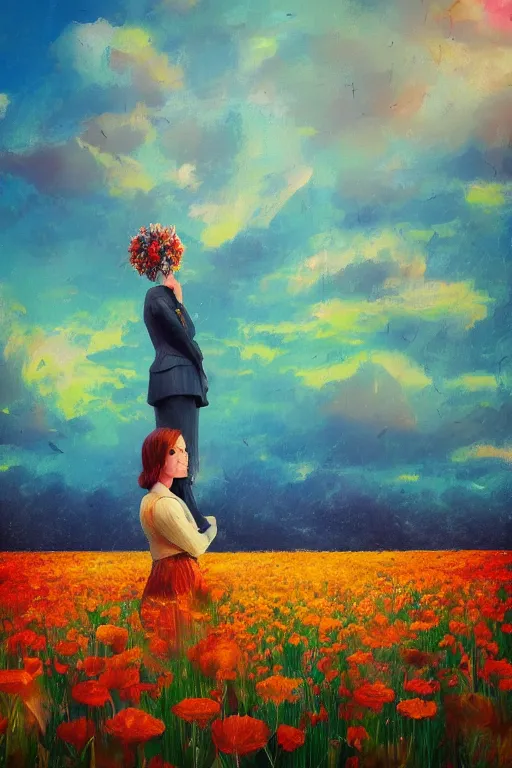 Image similar to closeup, giant flower head, girl in suit standing in a field of flowers, surreal photography, sunrise, blue sky, dramatic light, impressionist painting, digital painting, artstation, simon stalenhag