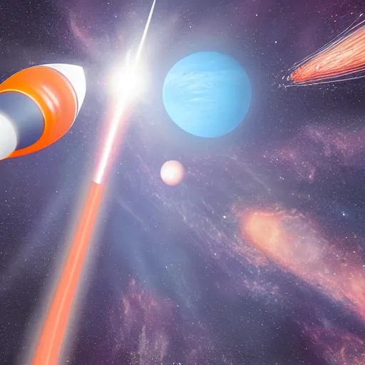 Prompt: Blue Ariane rocket with orange planet in background in space, photorealistic