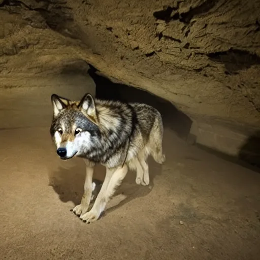 Image similar to a photo of a wolf, in a dark cave