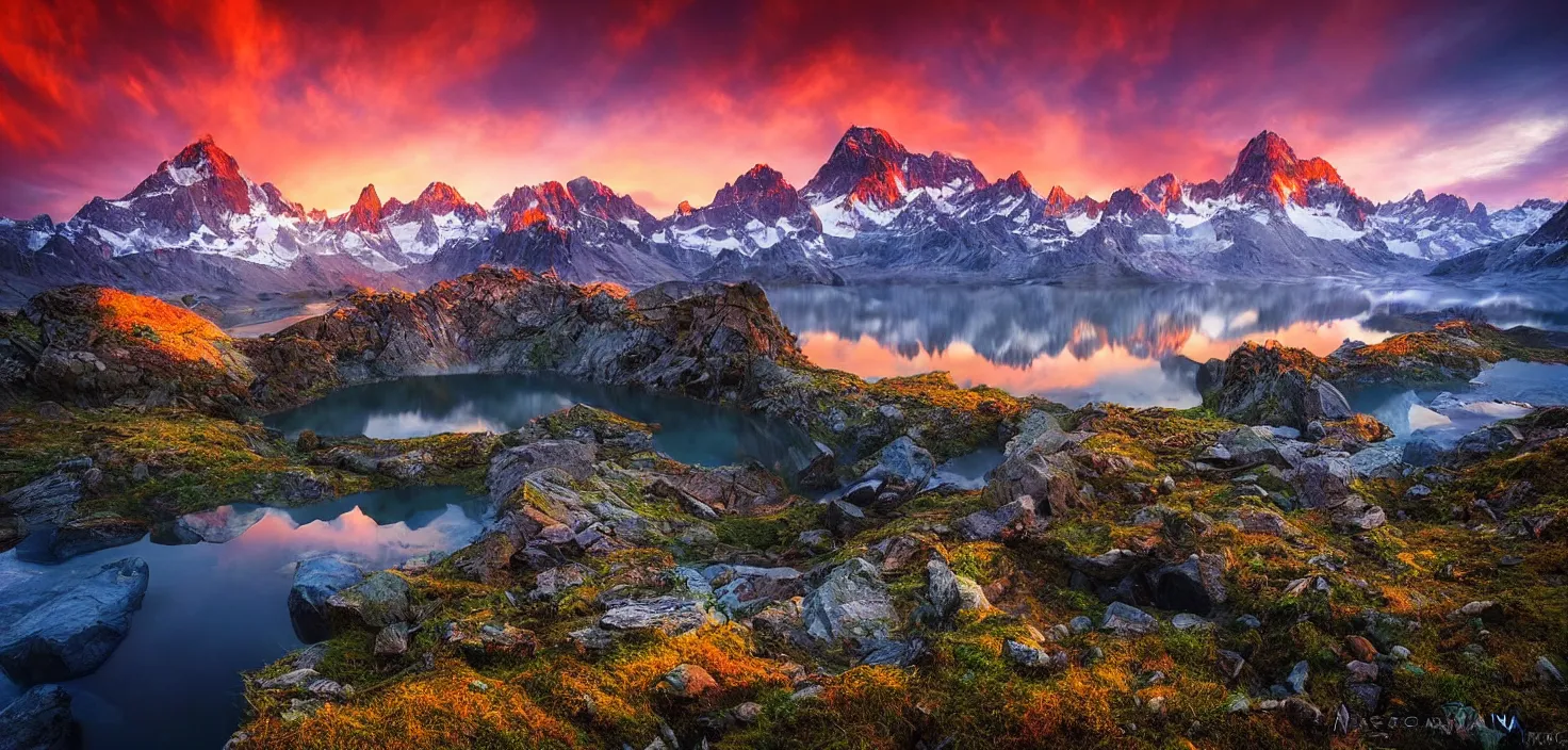 Image similar to amazing landscape photo of mountains with lake in sunset by marc adamus, beautiful dramatic lighting