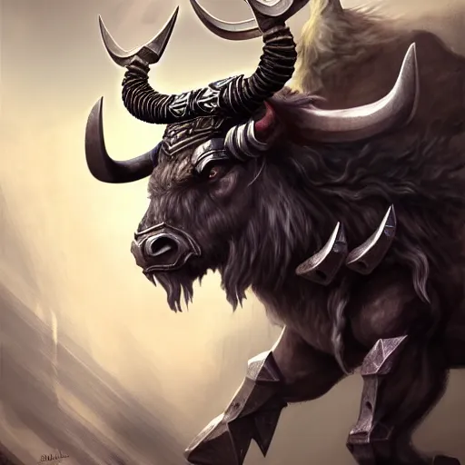 Image similar to epic bull headed minotaur beast in silver heavy armor wielding giant axe, artwork, vivid colors, concept art, greek mythology, detailed, modern design, dark fantasy, digital painting, artstation, d&d