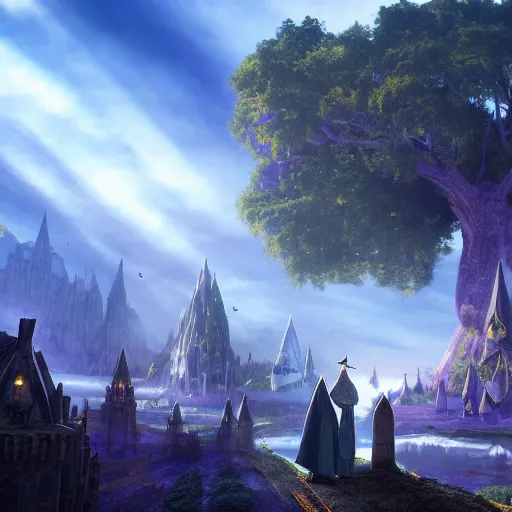 Image similar to a magical wizard in front of a big and mystical of a big and structured fantasy kingdom city, god rays, giant tree, portal to outer space digital art 8k, trending on artstation, anime, unreal engine