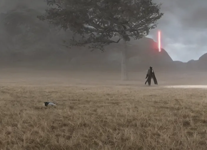 Image similar to epic still of Han Solo using lightsaber in foggy environment, approaching an ancient temple in the distance, iconic scene from the 1980s film directed by Stanley Kubrick, cinematic lighting, kodak film stock, strange, hyper real, stunning moody cinematography, with anamorphic lenses, crisp, detailed portrait, 4k image