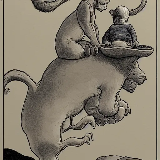 Image similar to a moebius drawing of small people riding an gigantic cat