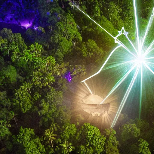 Prompt: a stone temple emitting a super powered laser beam with magical energy spiraling around the beams light straight in a star filled sky surrounded by dense lush jungles from an aerial point of view