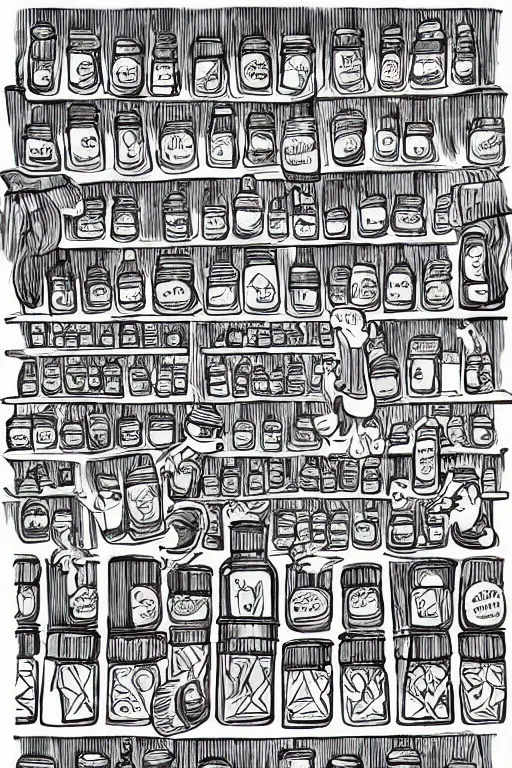 Image similar to mcbess illustration of a magical, mystical shop full of jars of sweets, rainbow gouache