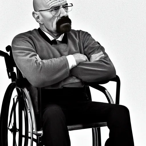 Image similar to walter white with no beard, wearing an oxygen mask, sitting in a wheelchair in a courtroom. photography by annie liebowitz