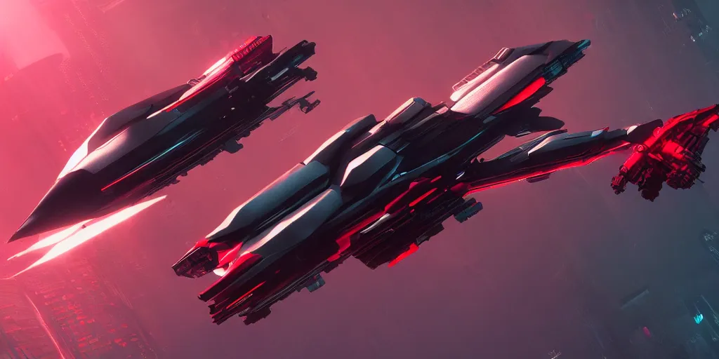 Image similar to cyberpunk concept inspired jet, futuristic look, highly detailed body, aerodynamic body, photorealistic camera shot, bright studio setting, studio lighting, crisp quality and light reflections, unreal engine 5 quality render, red and black tones, isometric view