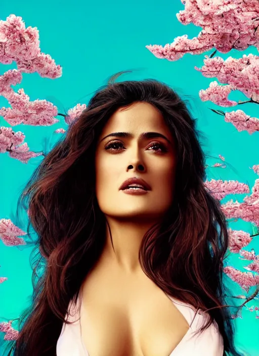 Image similar to photo of a gorgeous salma hayek in the style of stefan kostic, realistic, body shot, sharp focus, 8 k high definition, insanely detailed, intricate, elegant, art by stanley lau and artgerm, cherry blossoms