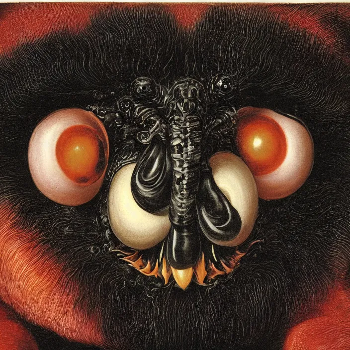 Image similar to close up portrait of a mutant monster creature with giant flaming protruding eyes bulging out of their eye sockets, exotic black orchid - like mouth, insect antennae by jan van eyck, audubon