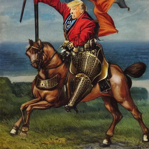 Prompt: donald trump as a knight, shinning armor, knights armor, donald trumps sexy face, fighting stance, by hans thoma