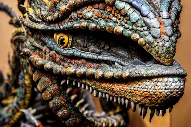 Prompt: photo taken of an epic intricate, ultra detailed, super realistic gritty, hero prop, exquisitely weathered animatronic movie prop of a lifelike sculpture of a quetzalcoatl dragon snake creature displayed in the workshop, created by weta workshop, full body shot, photorealistic, sharp focus