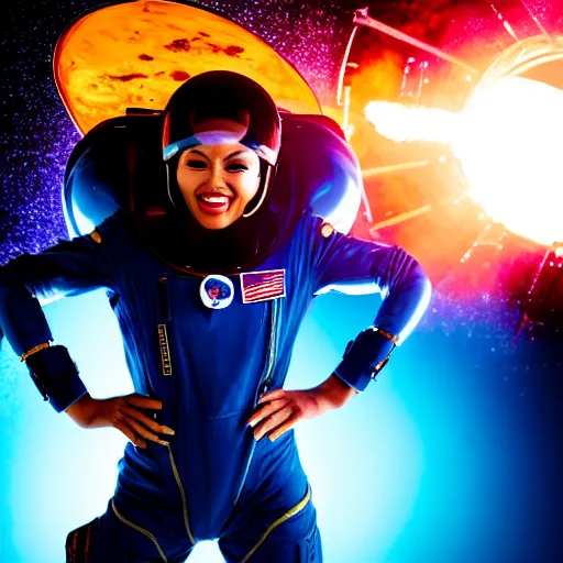 Prompt: a closeup photo of rihana as a hero sci fi space cosmonaut in a nice action pose, there is an explosion on the background, lighting her with a rim light, she is laughing, f 2. 8, advertising studio lighting,