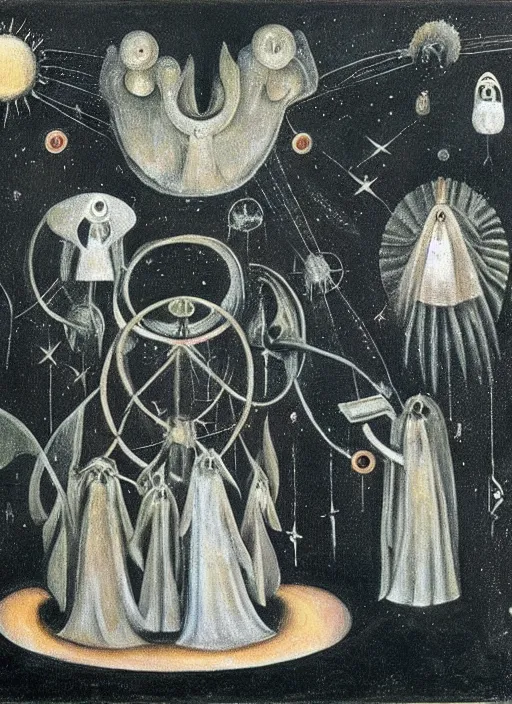 Image similar to a group of celestial beings communicating with weird machines by leonora carrington