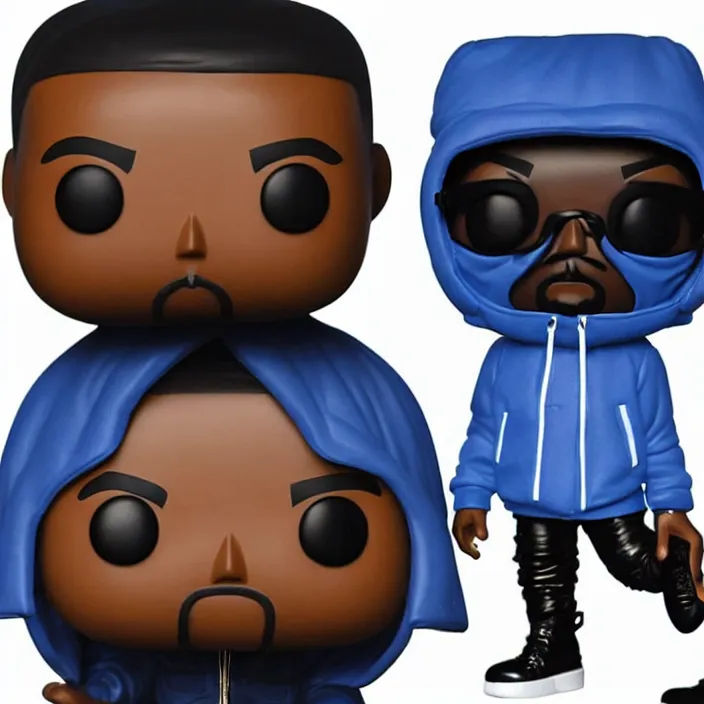 Image similar to a funko pop of kanye west using a full face covering black mask, a small, tight, undersized reflective bright blue round puffer jacket made of nylon, dark jeans pants and big black balenciaga rubber boots, figurine, detailed product photo