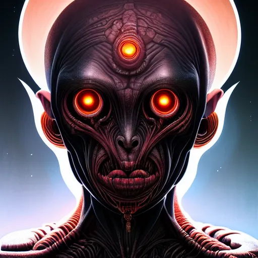 Image similar to symmetry!! portrait of grotesque alien, sci - fi horror, intricate, body horror, dark design, highly detailed, dark dynamic lighting, digital art, digital painting, artstation, smooth, sharp focus, illustration, art by artgerm and h r giger and greg rutkowski and alphonse mucha, 8 k - h 7 0 4