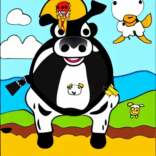 Prompt: cow wearing a pirate hat and eyepatch, childrens cartoon