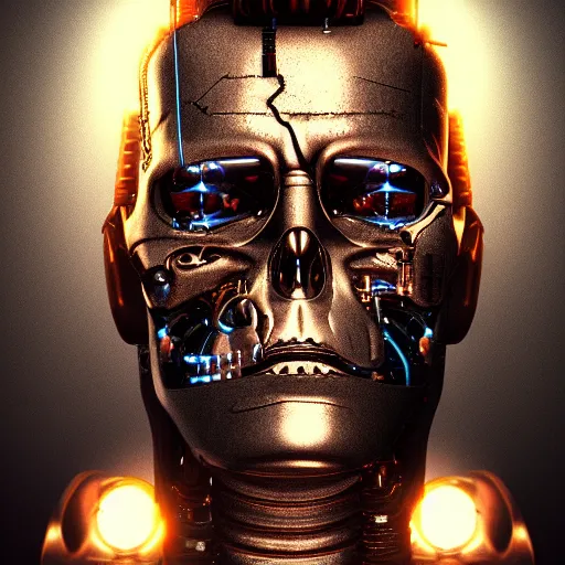 Prompt: portrait of terminator, circuit board background, soft light, 4 k, very detailed, artstation