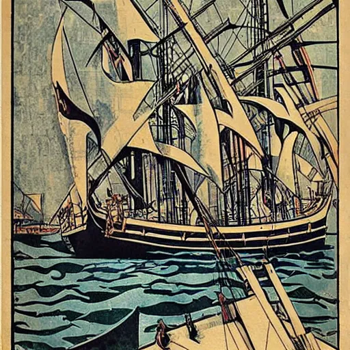 Image similar to a very chaotic naval battle, pirate and medieval ship, colored woodcut, poster art, by Mackintosh, art noveau, by Ernst Haeckel, by Tamara de Lempicka