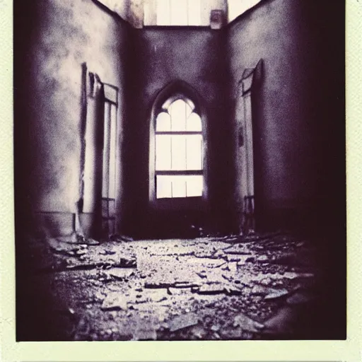 Image similar to you are lost in an old abandoned castle, hard to breathe, polaroid, laminal space, foggy