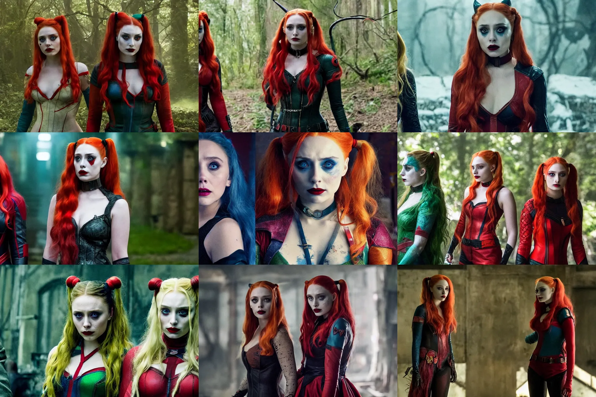 Prompt: elizabeth olsen as harley quinn, sophie turner as poisonivy, movie directed by joss whedon, movie still frame, promotional image, critically acclaimed, top 6 best movie ever imdb list, symmetrical shot, idiosyncratic, relentlessly detailed, cinematic colour palette