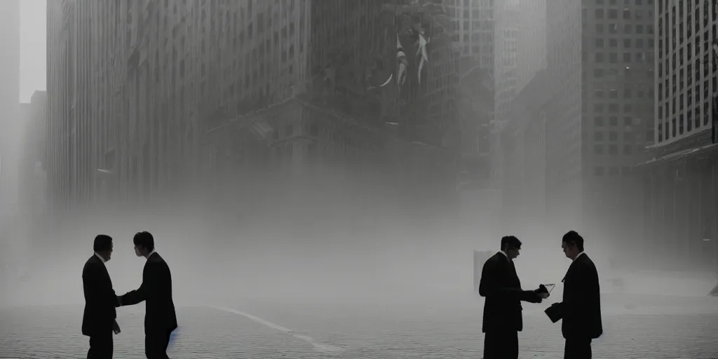 Prompt: a demon and a man making an agreement in the middle of the Wall Street, realistic photography, misty, cinematic, grainy