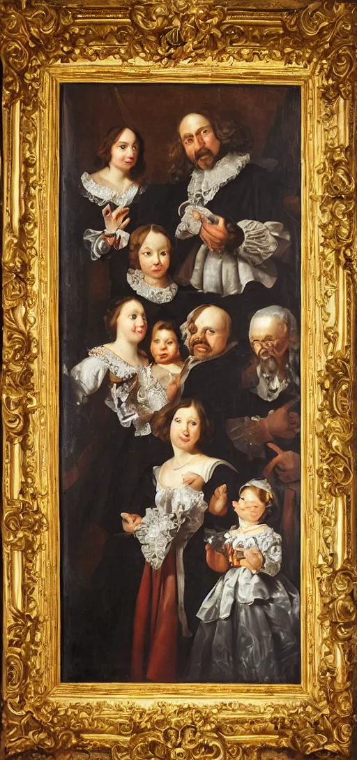 Image similar to oil paint in canvas of family portrait in the main room of the castle, dark room, one point of light trough a big window. baroque style 1 6 5 0, high details on clothes, realistic faces and expressions, space between subjects inspired by diego velasquez