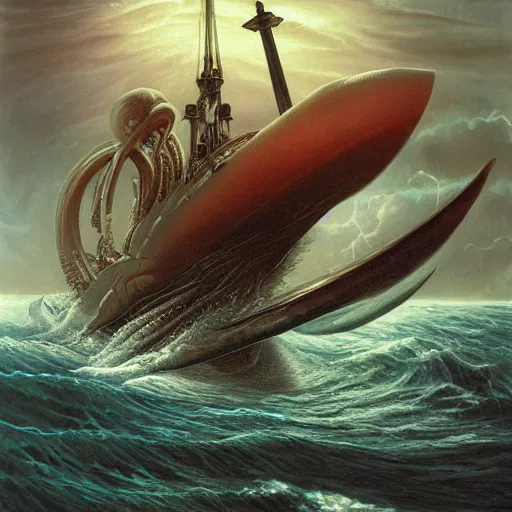 Image similar to full painting of the Nautilus fighting a giant squid in the middle of the ocean during a storm made by Jeff Easley and Peter Elson + realistic animal, + galaxy + gothic, surreal, dread + highly detailed, intricate complexity, epic composition, magical atmosphere + masterpiece, award winning + trending on artstation,