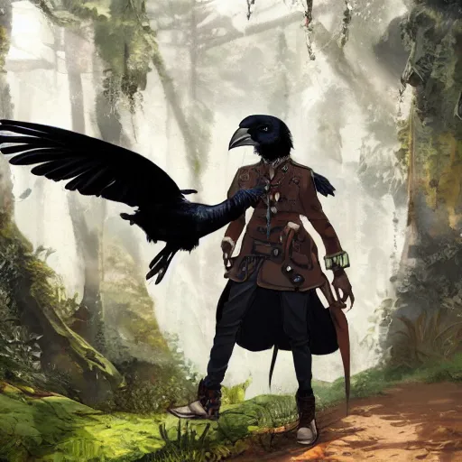 Image similar to concept art painting of a person with a head of a crow, with steampunk clothes, in the deep forest, realistic, detailed, cel shaded, in the style of makoto shinkai and greg rutkowski and james gurney