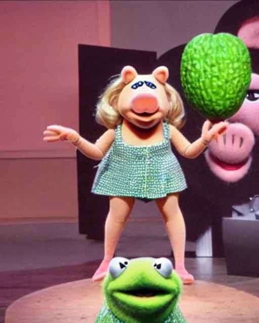 Image similar to miss piggy giving a ted talk on stable diffusion to an audience of muppets about the future of image generation. on the giant video screen behind miss piggy is picture of salvador dali sitting on an avocado toilet, photorealistic, ted talks, muppets