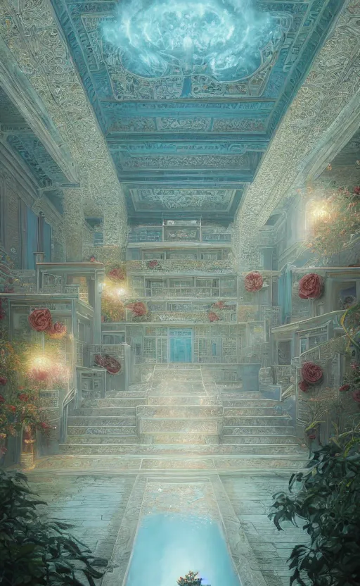 Image similar to vanishing point, palace covered with aqua blue roses like the forbidden city in distance at the red rose royal manor, viewed from afar, stephen bliss, misty, unreal engine, fantasy art by greg rutkowski, loish, ferdinand knab, and lois van rossdraws,, global illumination, radiant light, minimalist, detailed and intricate environment