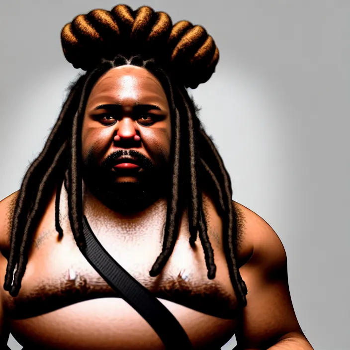 Image similar to hyperrealistic mixed media portrait of an overweight black man with dreads wearing a gi, doing martial arts, 8 k octane beautifully detailed render, post - processing, extremely hyperdetailed, trending on artstation