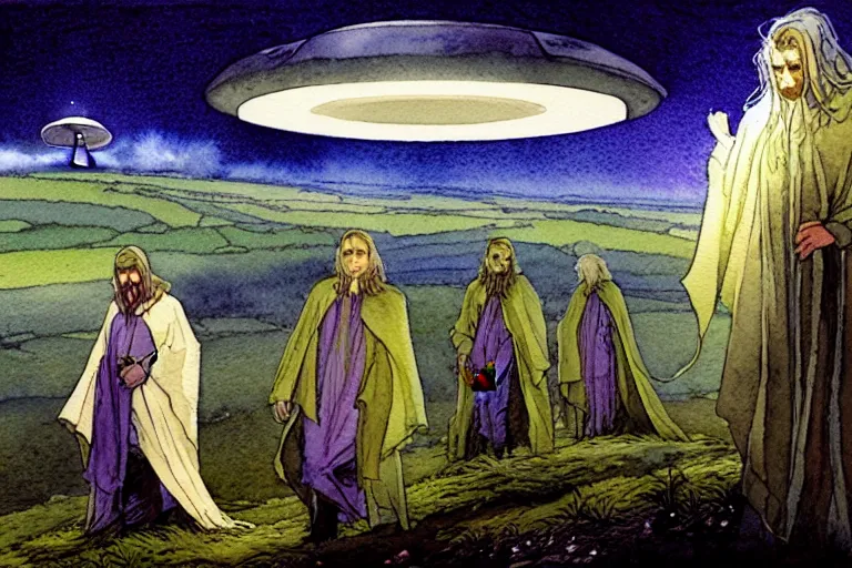 Image similar to a realistic and atmospheric watercolour fantasy character concept art portrait of a group of christians wearing robes and emerging from the mist on the moors of ireland at night. a ufo is in the background. by rebecca guay, michael kaluta, charles vess and jean moebius giraud