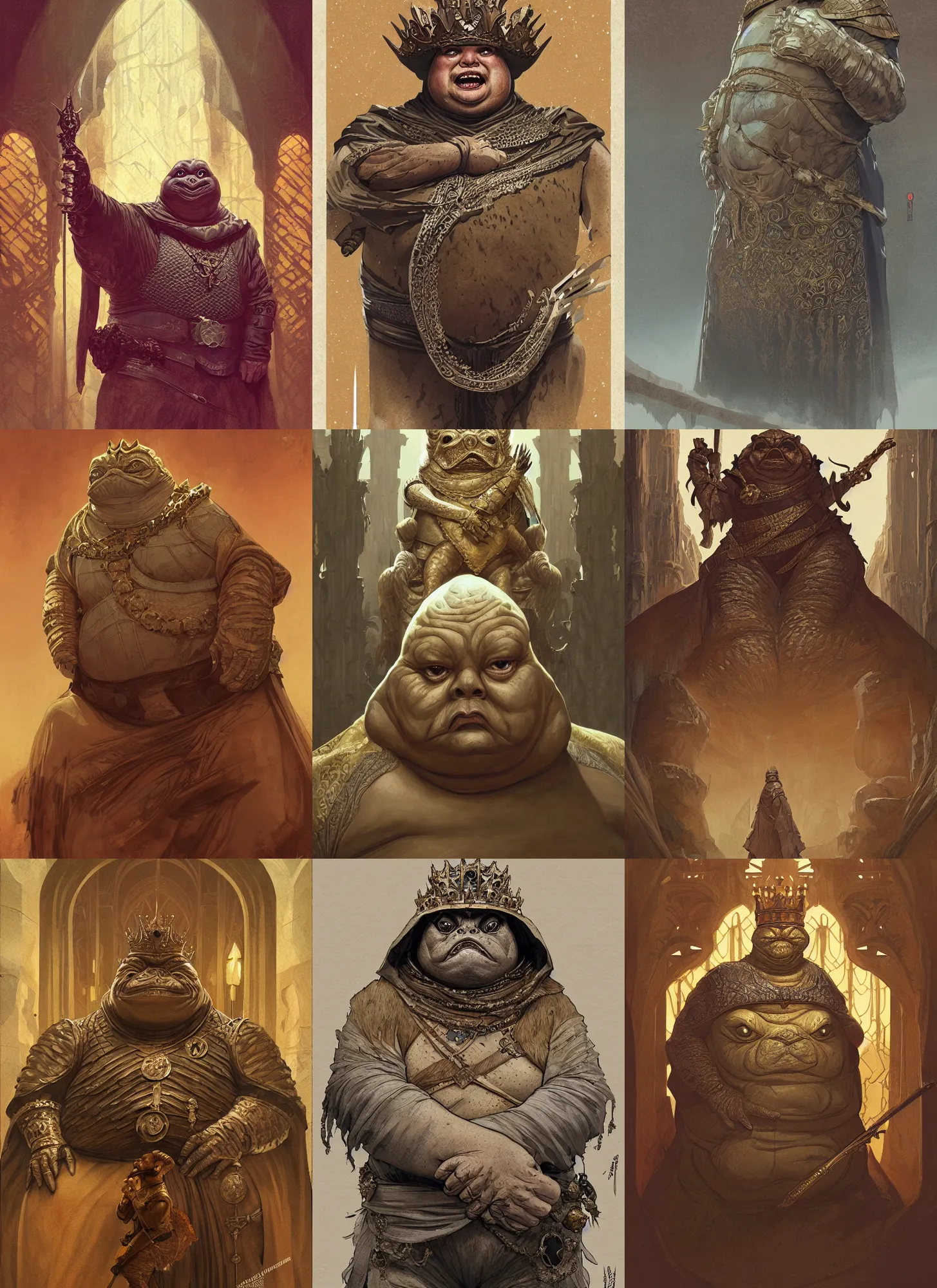 Prompt: Jabba the Hutt as medieval King, intricate, elegant, highly detailed, digital painting, artstation, concept art, smooth, sharp focus, illustration, game of thrones, art by greg rutkowski and alphonse mucha and aleksi briclot