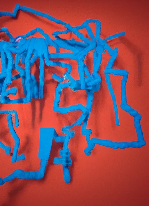 Image similar to room full of giant blue and red people made out of pipecleaners in a baroque style of Jean-Michel Basquiat, 3D cinematic lighting, spotlight at a 90 DEGREE ANGLE, photorealism, octane render, depth of field, 8k, 35mm, artgem, Trending on artstation