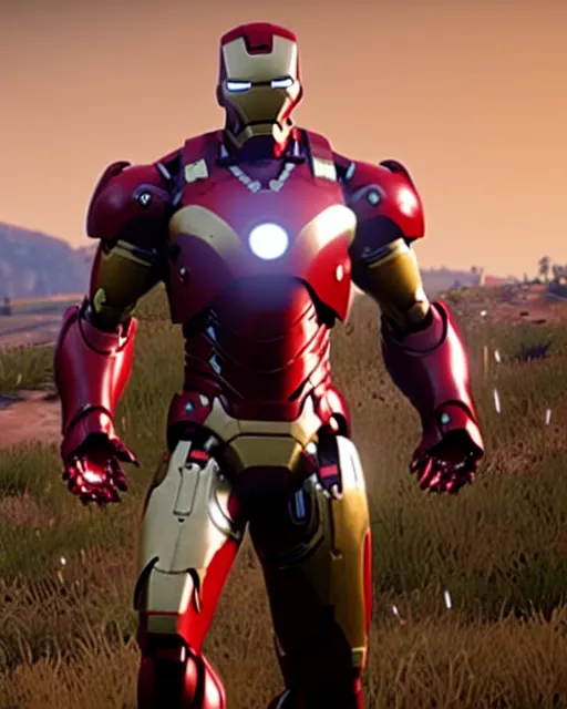 Image similar to robust, bulky and muscular iron man suit in red dead redemption 2, cinematic, photorealistic