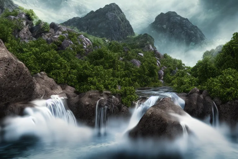 Prompt: Mountains with huge waterfall and river on the bottom with water flowing to the right, on the right in the valley with the lake flying dragon, ultra detailed, 35mm lens, sunrise, overcast sky, realistic, 4k resolution, trending on artstation, octane render, unreal engine.