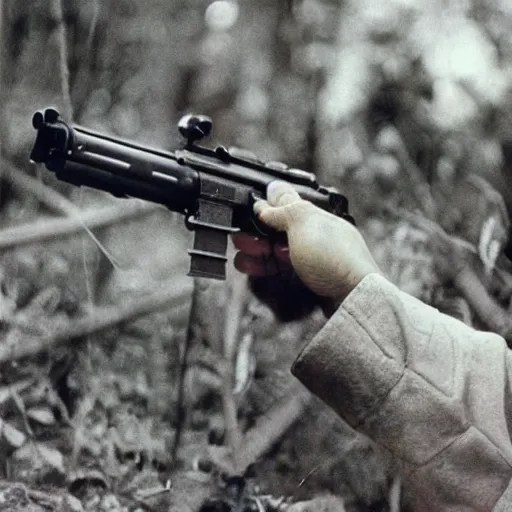 Image similar to “ hamster in the vietnam war, firing his m 1 6, action shot, highly detailed, film photograph ”